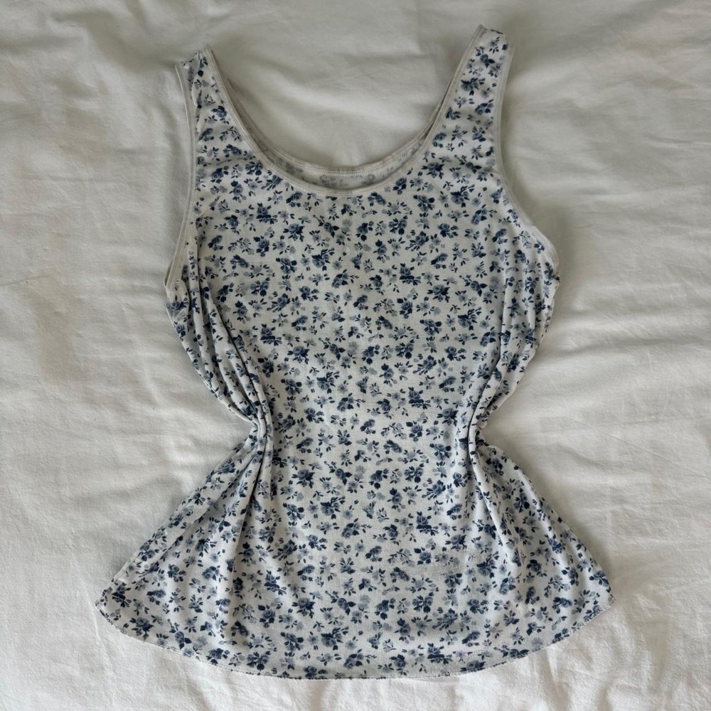 White tank top with small blue floral print